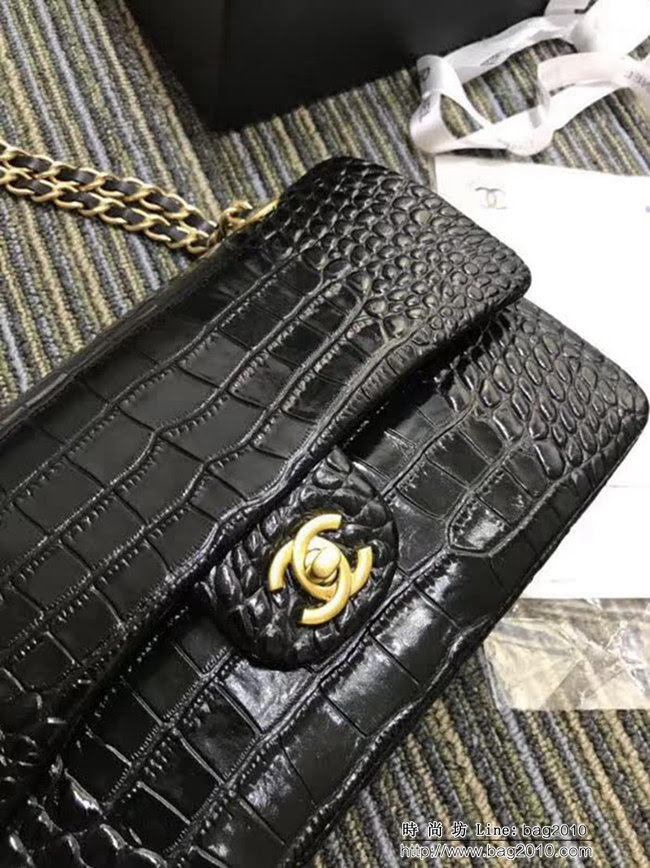 香奈兒CHANEL 黑色色A01112新款經典CF小牛皮壓花鱷魚紋時尚單肩鏈條口蓋包 DSC2098
